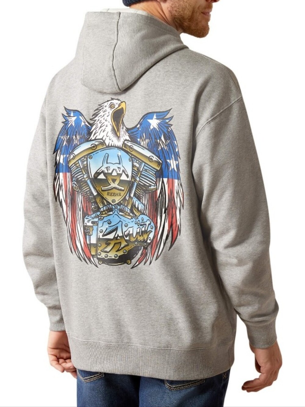 Ariat Men's Rebar Workman Moto Eagle Hoodie - Grey with Patriotic Eagle Graphic